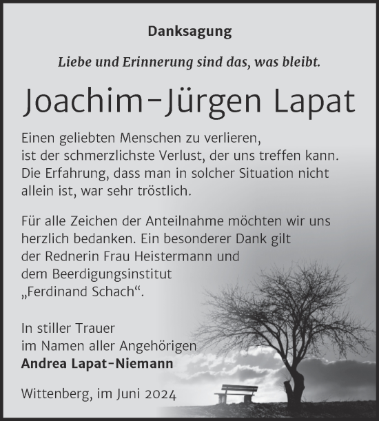 Traueranzeige von Joachim-Jürgen Lapat von Trauerkombi Wittenberg