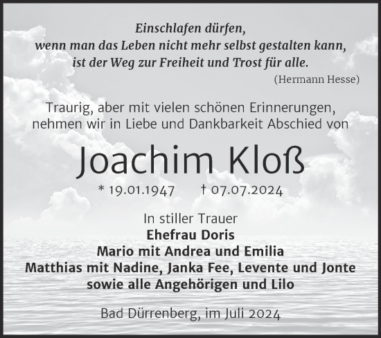 Traueranzeige von Joachim Kloß von Trauerkombi Merseburg