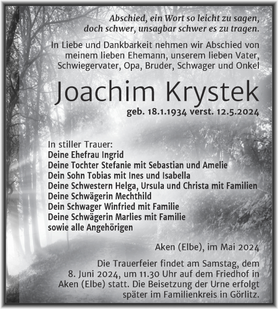 Traueranzeige von Joachim Krystek von Trauerkombi Köthen