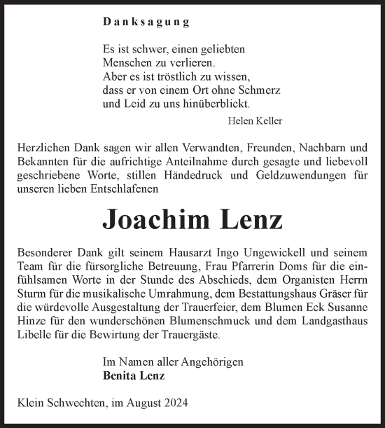 Traueranzeige von Joachim Lenz von Volksstimme Altmark Ost