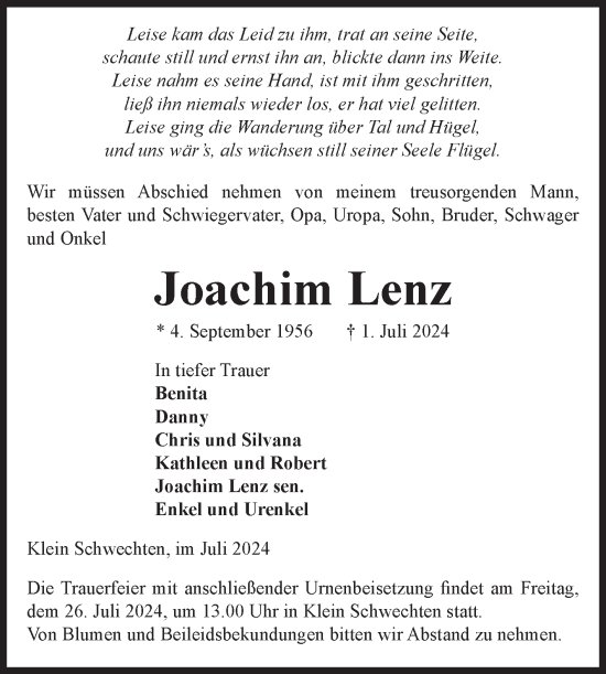 Traueranzeige von Joachim Lenz von Volksstimme Altmark Ost