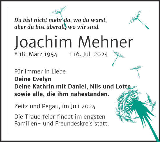Traueranzeige von Joachim Mehner von Trauerkombi Zeitz