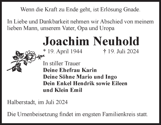 Traueranzeige von Joachim Neuhold von Volksstimme Halberstadt