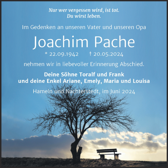 Traueranzeige von Joachim Pache von Trauerkombi Aschersleben