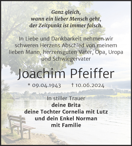 Traueranzeige von Joachim Pfeiffer von Mitteldeutsche Zeitung Weißenfels