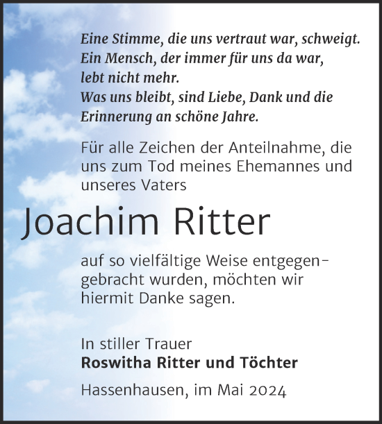 Traueranzeige von Joachim Ritter von Naumburger Tageblatt