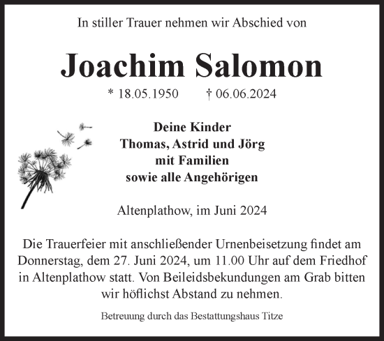 Traueranzeige von Joachim Salomon von Volksstimme Burg/Genthin