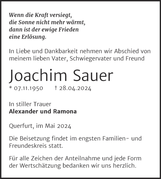 Traueranzeige von Joachim Sauer von Trauerkombi Merseburg