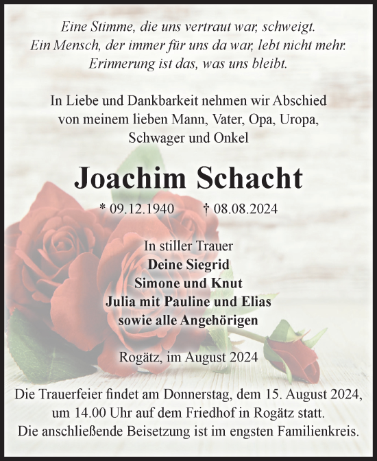 Traueranzeige von Joachim Schacht von Volksstimme Haldensleben/Wolmirstedt