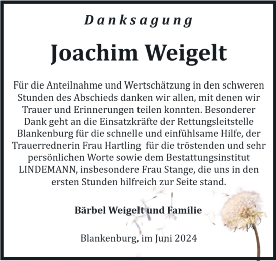 Traueranzeige von Joachim Weigelt von Volksstimme Wernigerode