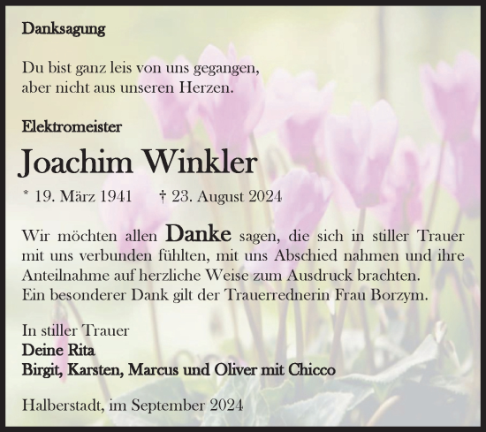 Traueranzeige von Joachim Winkler von Volksstimme Halberstadt