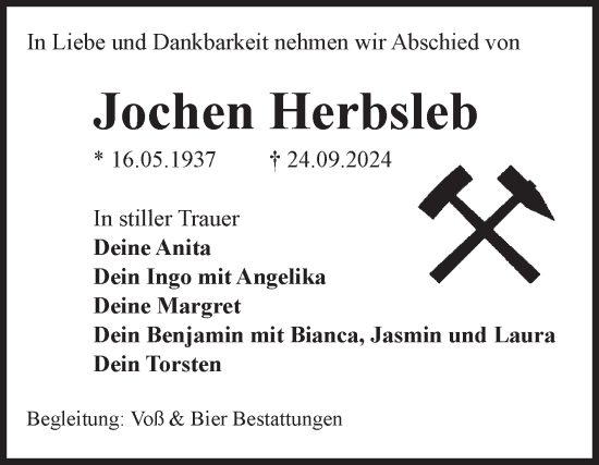 Traueranzeige von Jochen Herbsleb von Volksstimme Wernigerode