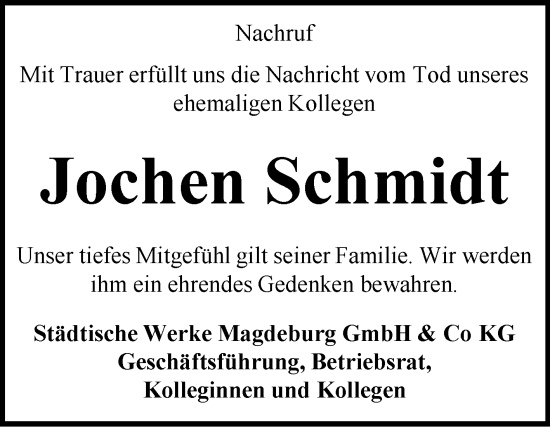 Traueranzeige von Jochen Schmidt von Volksstimme Burg/Genthin