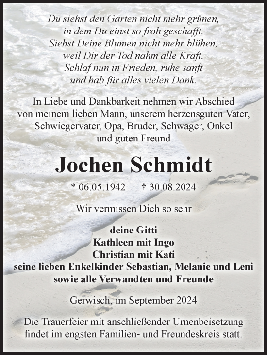 Traueranzeige von Jochen Schmidt von Volksstimme Burg/Genthin