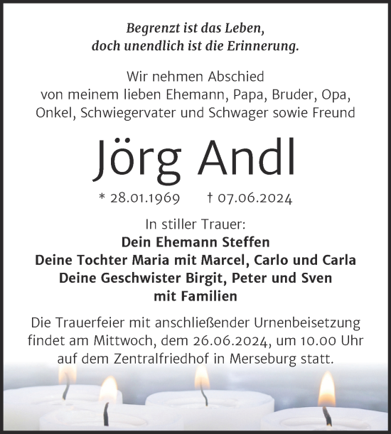 Traueranzeige von Jörg Andl von Trauerkombi Merseburg