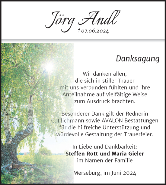 Traueranzeige von Jörg Andl von Trauerkombi Merseburg
