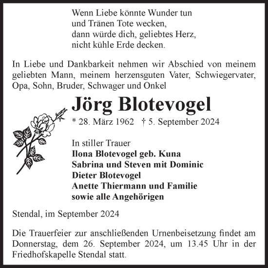 Traueranzeige von Jörg Blotevogel von Volksstimme Altmark Ost