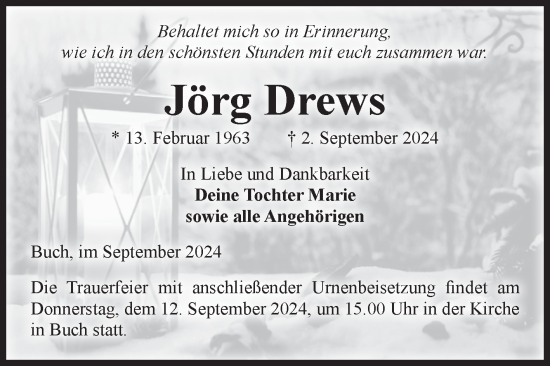 Traueranzeige von Jörg Drews von Volksstimme Altmark Ost