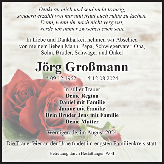Traueranzeige von Jörg Großmann von Volksstimme Wernigerode
