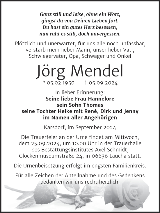 Traueranzeige von Jörg Mendel von Super Sonntag Naumburg/Nebra