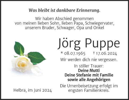 Traueranzeige von Jörg Puppe von Trauerkombi Mansfelder Land