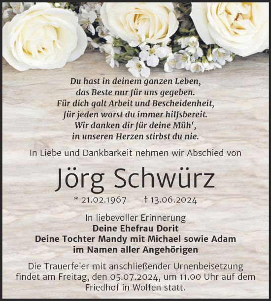 Traueranzeige von Jörg Schwürz von Trauerkombi Bitterfeld