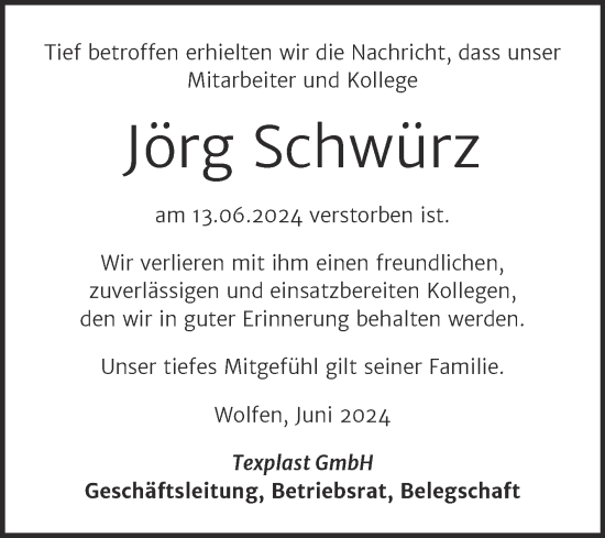 Traueranzeige von Jörg Schwürz von SuperSonntag Bitterfeld