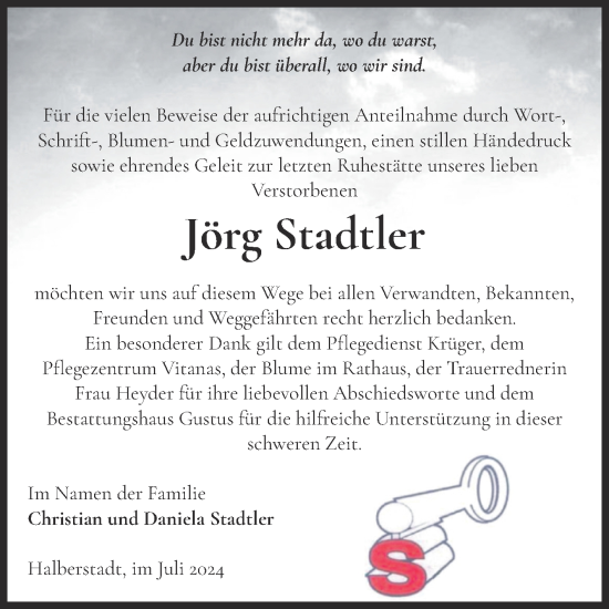 Traueranzeige von Jörg Stadtler von Volksstimme Halberstadt