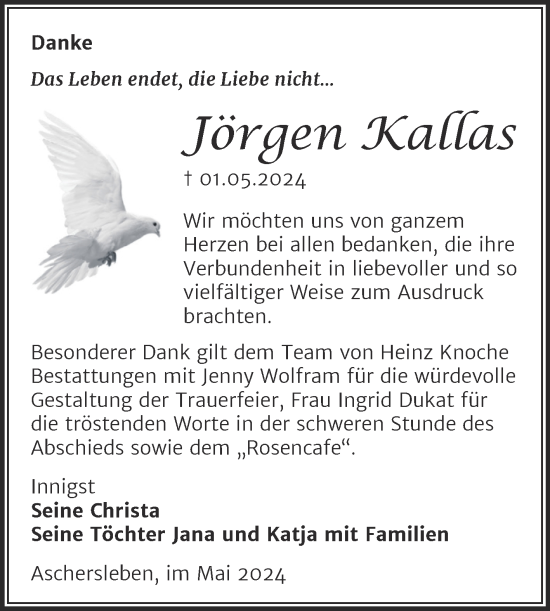 Traueranzeige von Jörgen Kallas von Trauerkombi Aschersleben