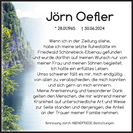 Traueranzeige von Jörn Oefler von Volksstimme Altmark Ost