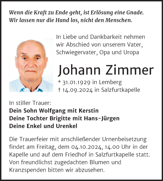 Traueranzeige von Johann Zimmer von Trauerkombi Bitterfeld