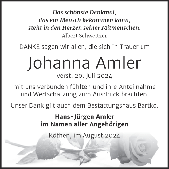 Traueranzeige von Johanna Amler von Trauerkombi Köthen