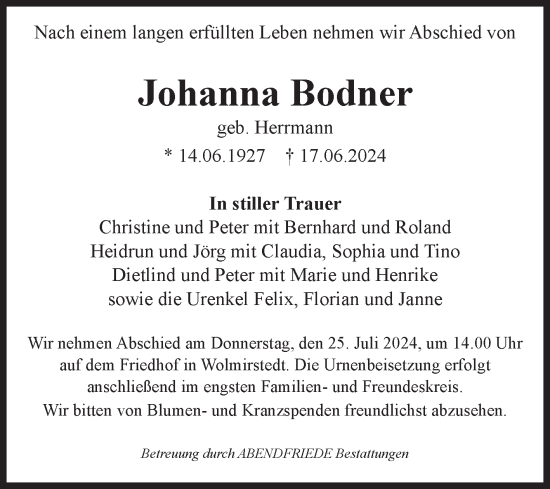 Traueranzeige von Johanna Bodner von Volksstimme Haldensleben/Wolmirstedt