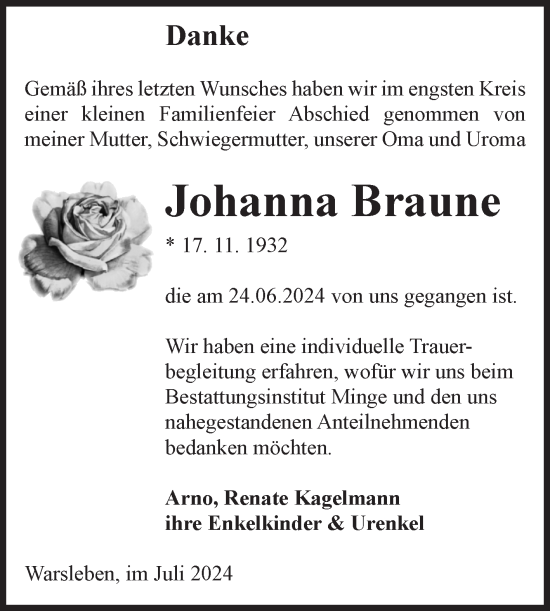 Traueranzeige von Johanna Braune von Volksstimme Oschersleben/Wanzleben
