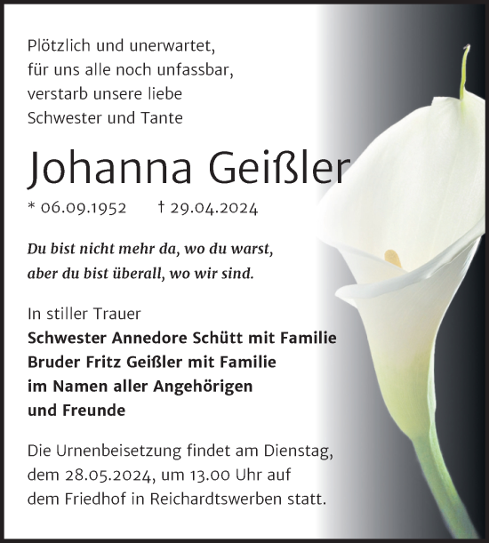 Traueranzeige von Johanna Geißler von Super Sonntag Weißenfels