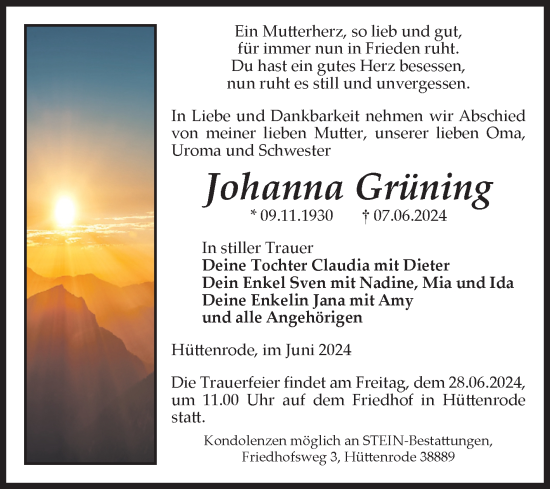 Traueranzeige von Johanna Grüning von Volksstimme Wernigerode