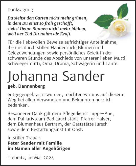 Traueranzeige von Johanna Sander von Trauerkombi Merseburg