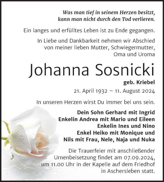 Traueranzeige von Johanna Sosnicki von Trauerkombi Aschersleben