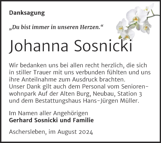 Traueranzeige von Johanna Sosnicki von Trauerkombi Aschersleben