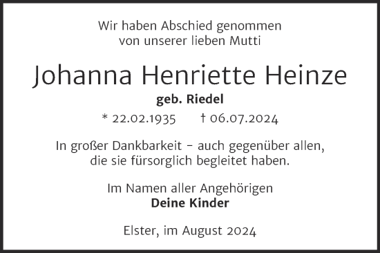 Traueranzeige von Johanna Henriette Heinze von Trauerkombi Wittenberg