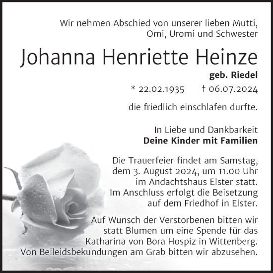 Traueranzeige von Johanna Henriette Heinze von Trauerkombi Wittenberg