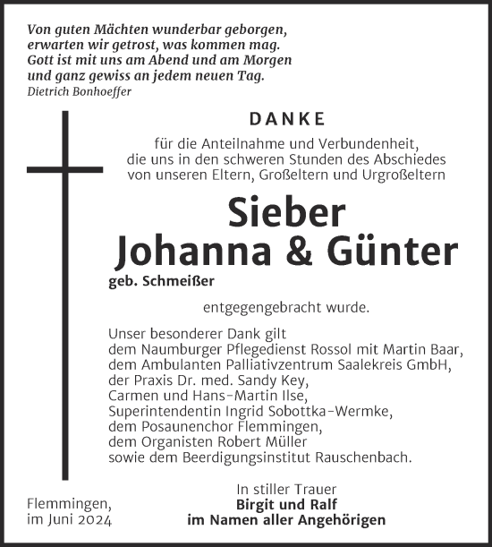 Traueranzeige von Johanna und Günter Sieber von Naumburger Tageblatt