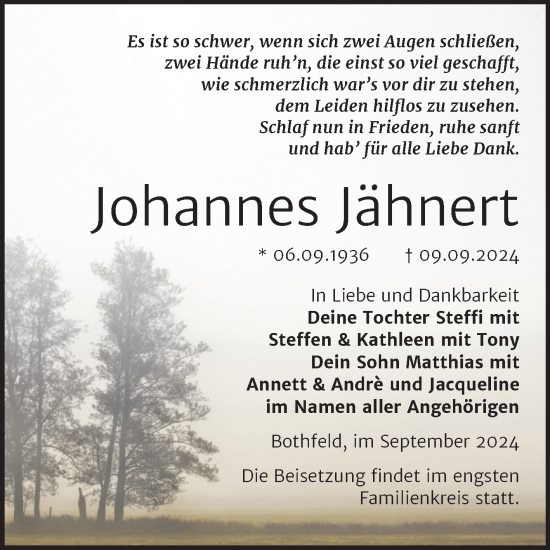 Traueranzeige von Johannes Jähnert von Trauerkombi Weißenfels