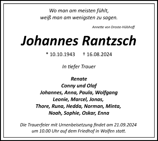 Traueranzeige von Johannes Rantzsch von Trauerkombi Bitterfeld