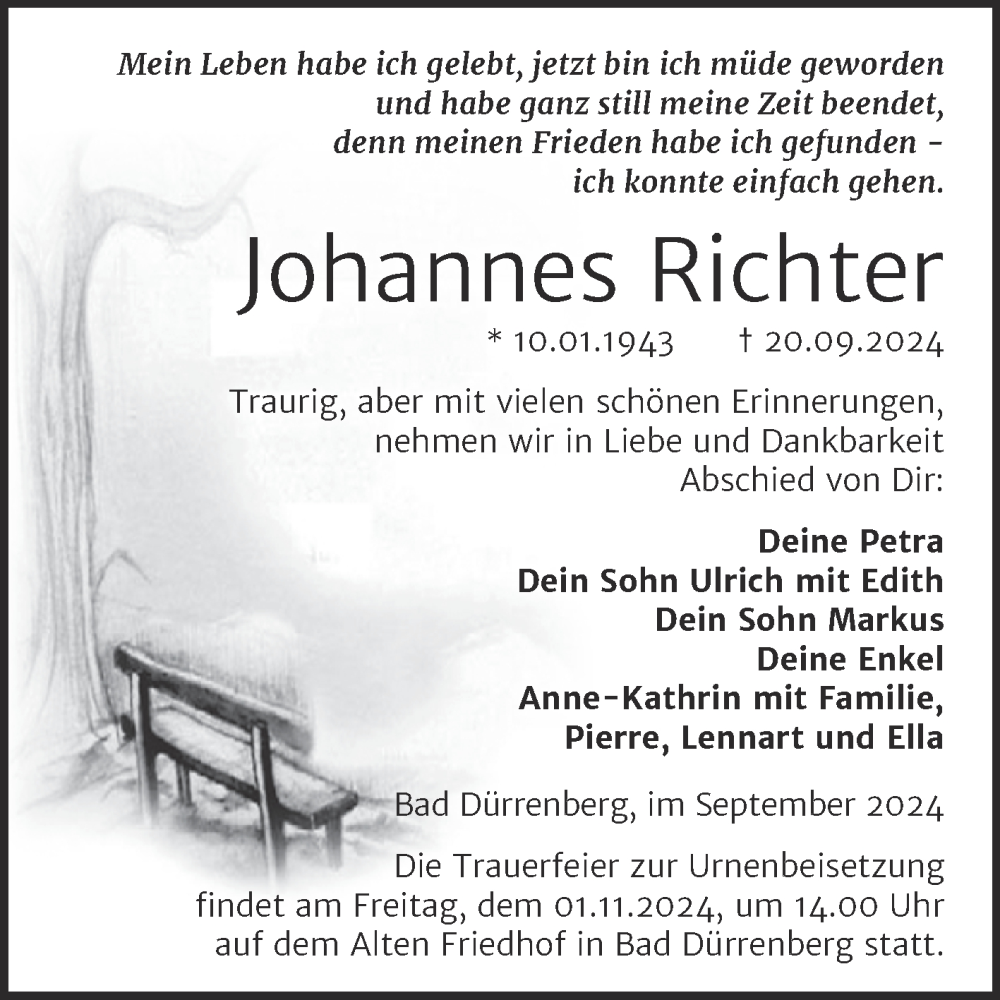  Traueranzeige für Johannes Richter vom 28.09.2024 aus Trauerkombi Merseburg