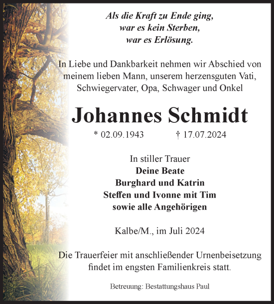 Traueranzeige von Johannes Schmidt von Volksstimme Altmark West