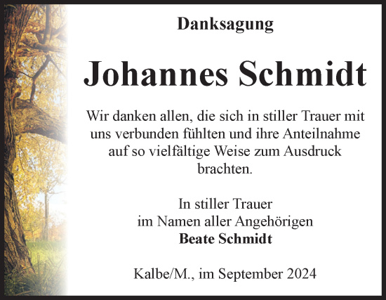 Traueranzeige von Johannes Schmidt von Volksstimme Altmark West