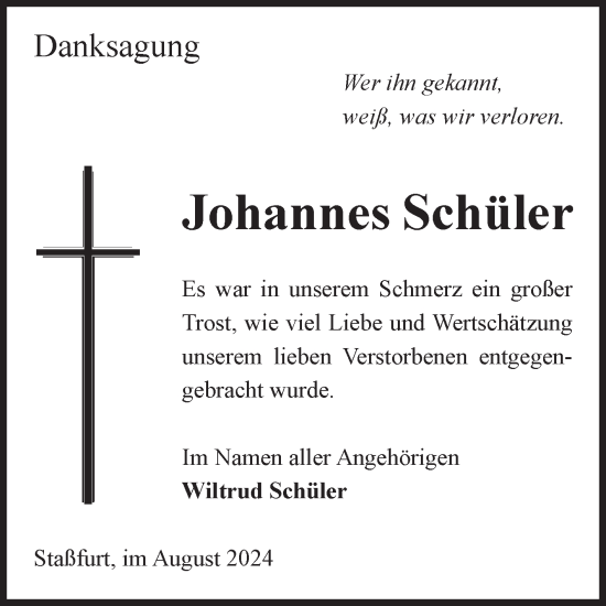 Traueranzeige von Johannes Schüler von Volksstimme Staßfurt