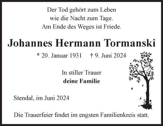 Traueranzeige von Johannes Hermann Tormanski von Volksstimme Altmark Ost
