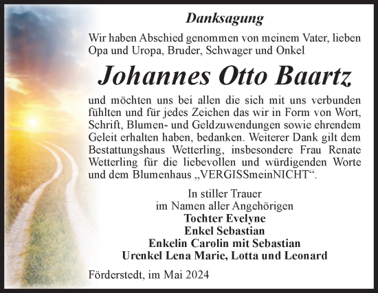 Traueranzeige von Johannes Otto Baartz 